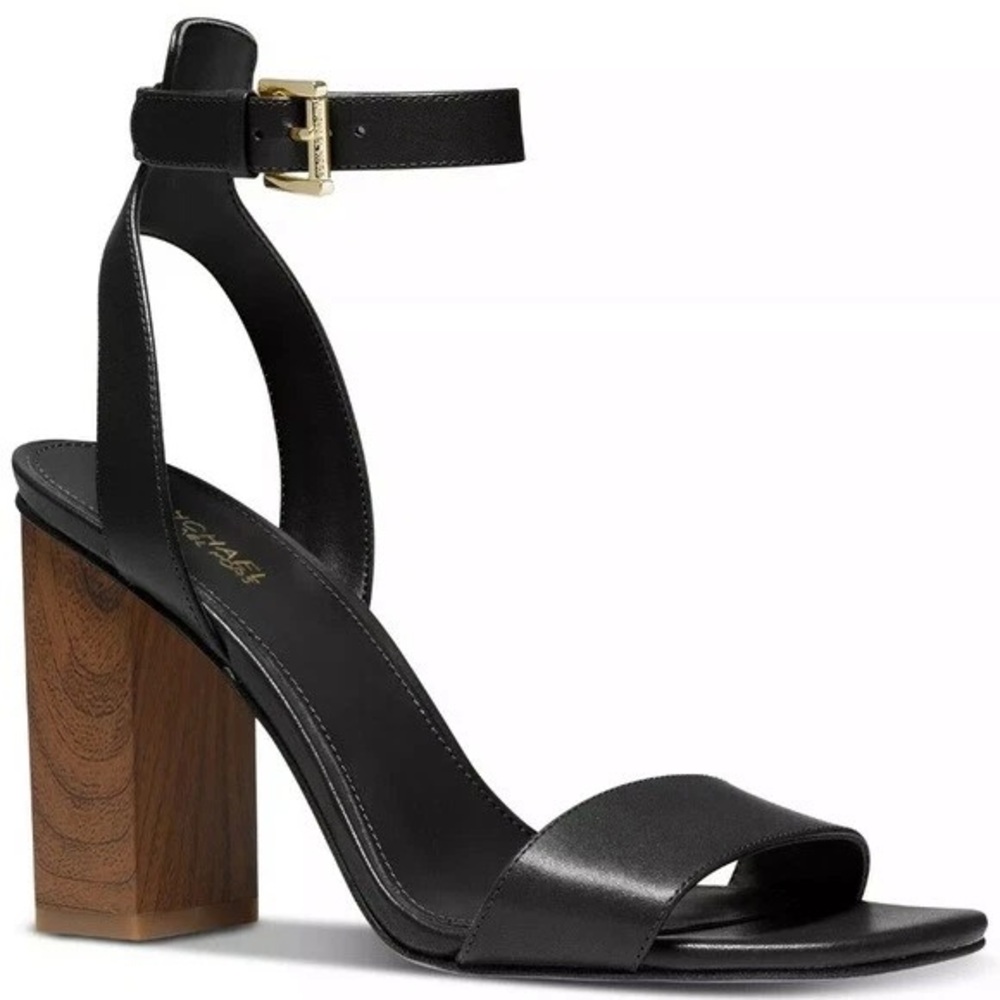 Michael Kors Petra Black Leather Sandals Wood Block Heel Ankle Strap